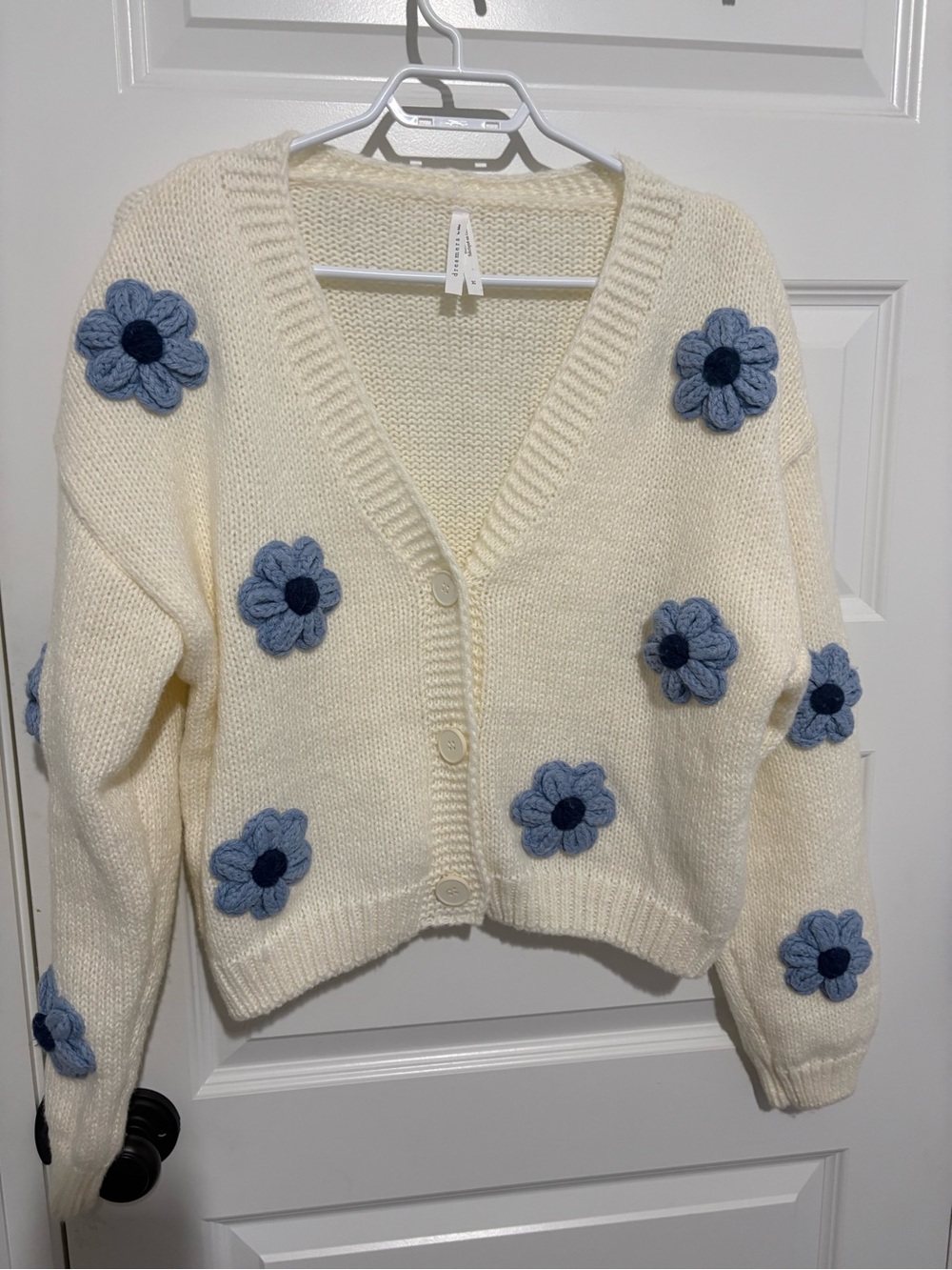 Dreamers V-Neck Cardigan with Blue Floral Appliqués - Size Medium